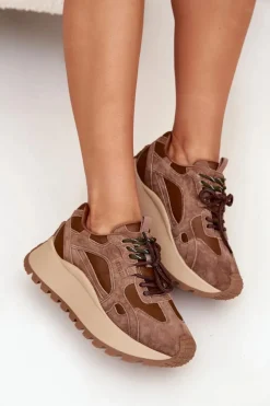 Skórzane Sneakersy Na Platformie Damskie Big Star SS274626 HI-POLY SYSTEM Camel