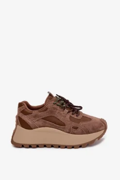 Skórzane Sneakersy Na Platformie Damskie Big Star SS274626 HI-POLY SYSTEM Camel