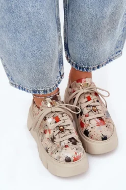 Skórzane Sneakersy Na Platformie Maciejka 06891-18 Beżowe