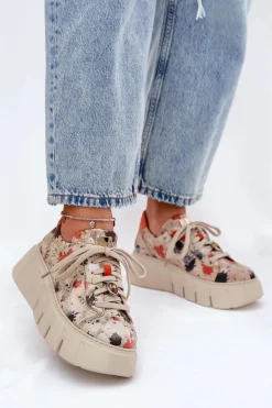 Skórzane Sneakersy Na Platformie Maciejka 06891-18 Beżowe