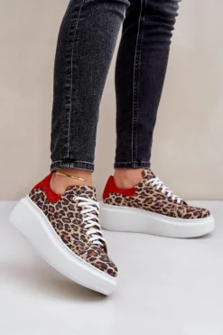 Skórzane Sneakersy Na Platformie W Panterkę Zazoo 3346 Brązowo-Czerwone
