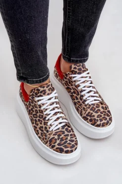 Skórzane Sneakersy Na Platformie W Panterkę Zazoo 3346 Brązowo-Czerwone