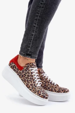 Skórzane Sneakersy Na Platformie W Panterkę Zazoo 3346 Brązowo-Czerwone
