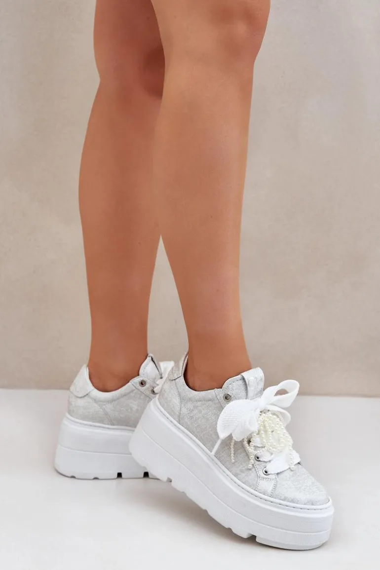 Skórzane Sneakersy Na Platformie CheBello 4658 Srebrne