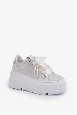 Skórzane Sneakersy Na Platformie CheBello 4658 Srebrne