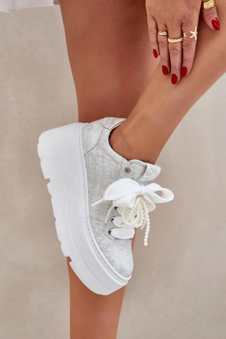Skórzane Sneakersy Na Platformie CheBello 4658 Srebrne