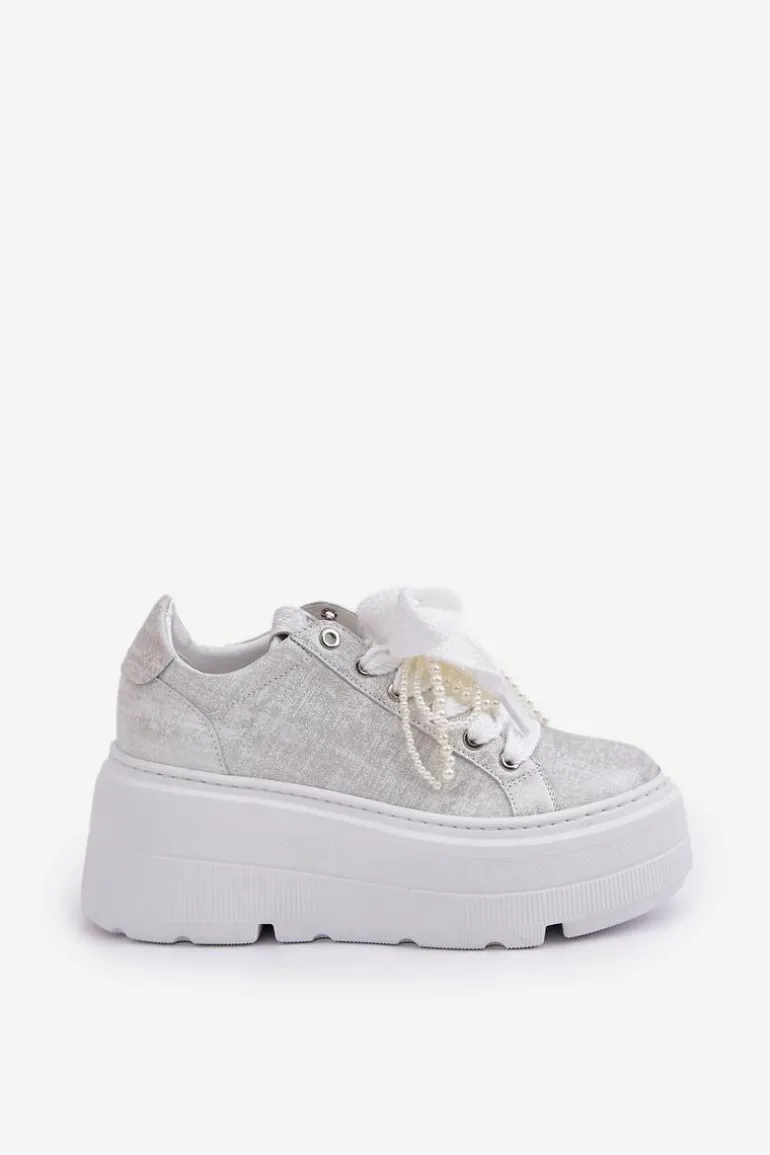 Skórzane Sneakersy Na Platformie CheBello 4658 Srebrne