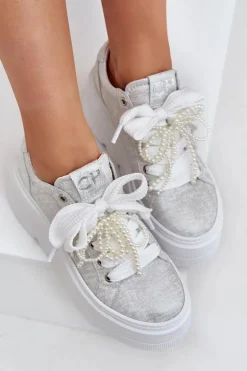 Skórzane Sneakersy Na Platformie CheBello 4658 Srebrne
