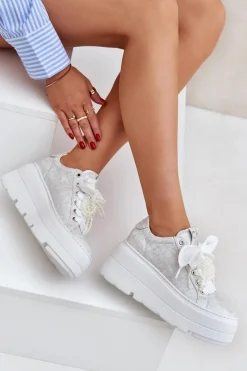 Skórzane Sneakersy Na Platformie CheBello 4658 Srebrne