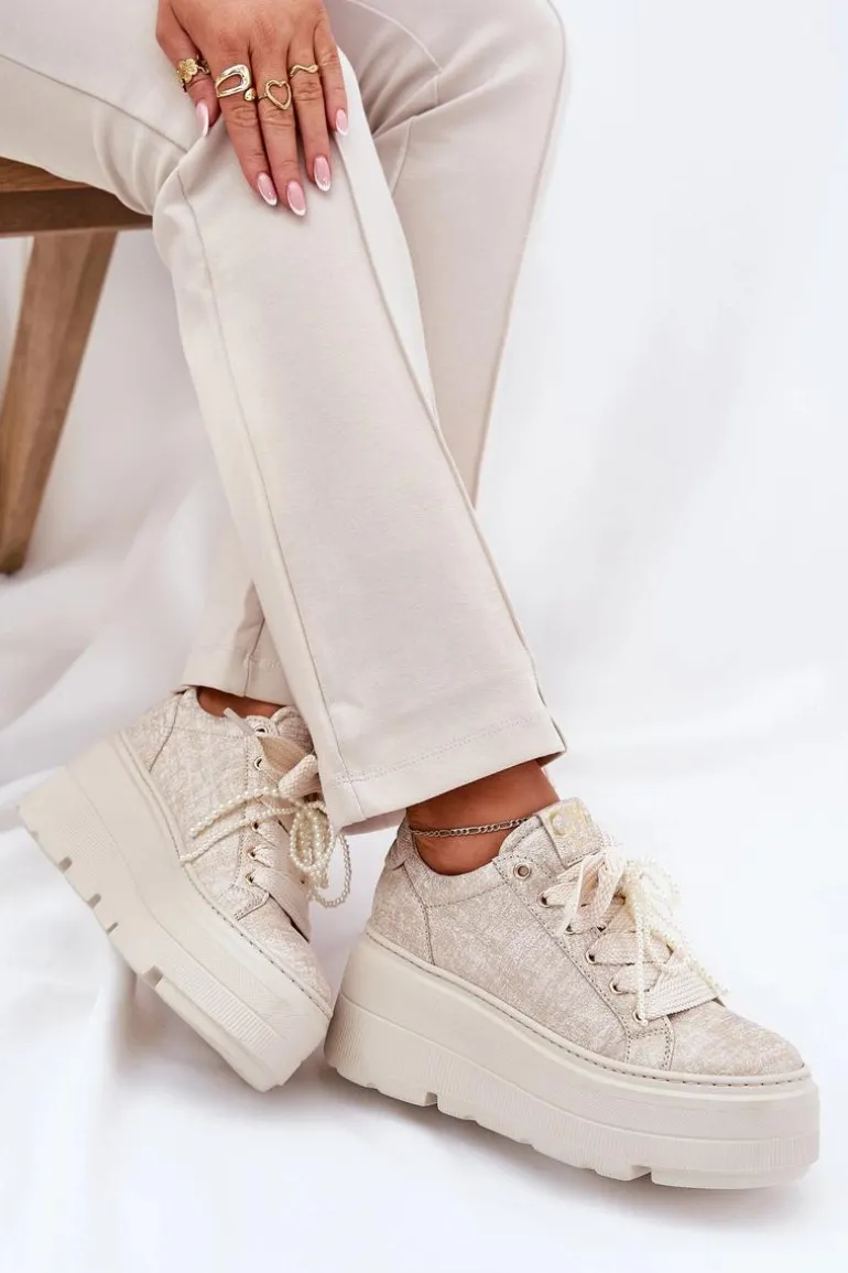 Skórzane Sneakersy Na Platformie CheBello 4658 Złote