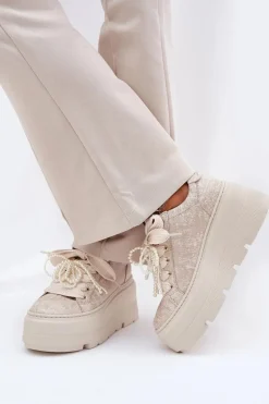 Skórzane Sneakersy Na Platformie CheBello 4658 Złote