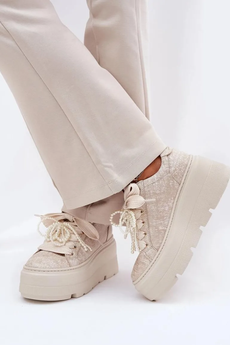 Skórzane Sneakersy Na Platformie CheBello 4658 Złote