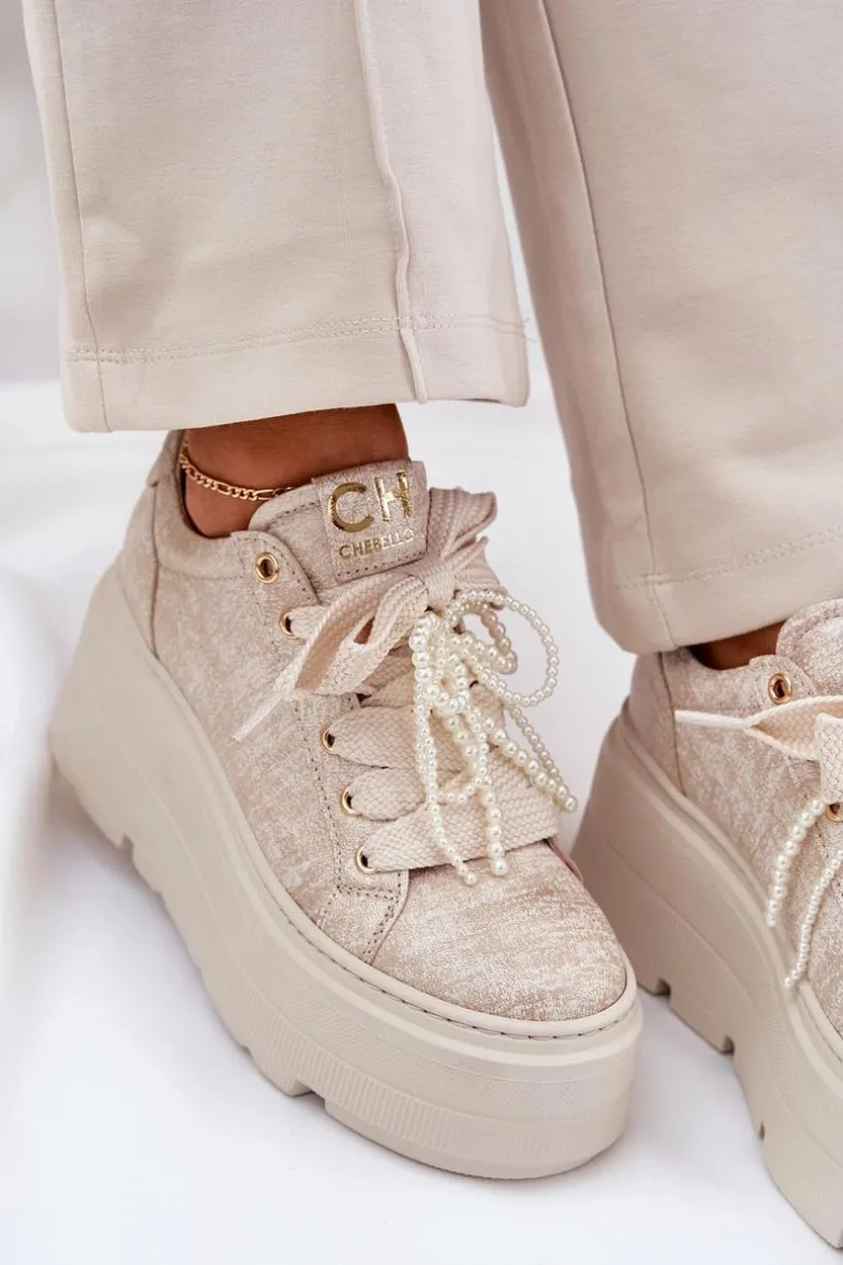 Skórzane Sneakersy Na Platformie CheBello 4658 Złote