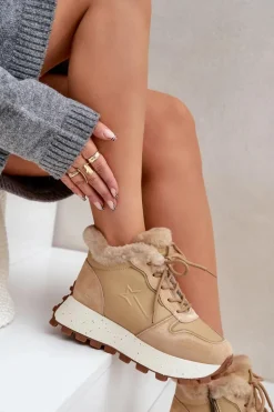 Skórzane Sneakersy Trapery Damskie Z Futerkiem Na Platformie Big Star OO274A330 Beżowe