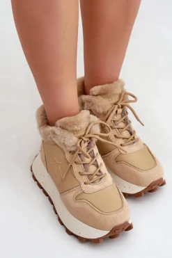 Skórzane Sneakersy Trapery Damskie Z Futerkiem Na Platformie Big Star OO274A330 Beżowe