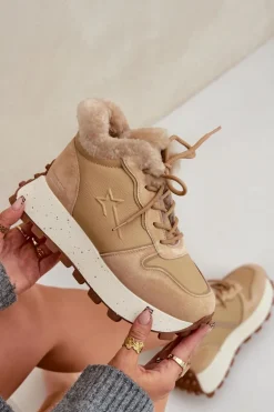 Skórzane Sneakersy Trapery Damskie Z Futerkiem Na Platformie Big Star OO274A330 Beżowe