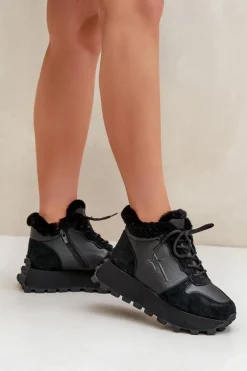 Skórzane Sneakersy Trapery Damskie Z Futerkiem Na Platformie Big Star OO274A329 Czarne