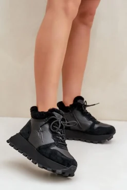 Skórzane Sneakersy Trapery Damskie Z Futerkiem Na Platformie Big Star OO274A329 Czarne