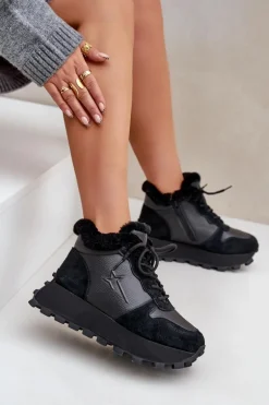 Skórzane Sneakersy Trapery Damskie Z Futerkiem Na Platformie Big Star OO274A329 Czarne
