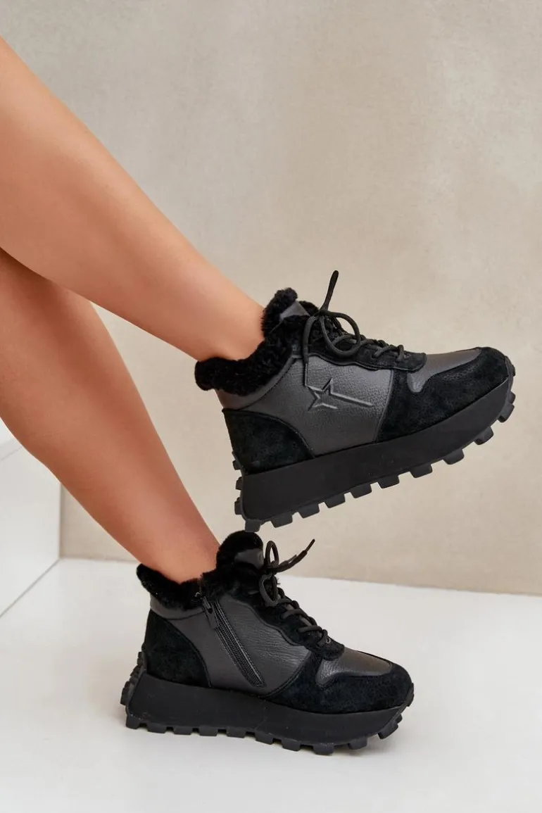 Skórzane Sneakersy Trapery Damskie Z Futerkiem Na Platformie Big Star OO274A329 Czarne