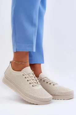 Skórzane Sportowe Buty Trampki Damskie Beżowe Lalnai