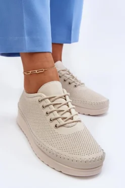 Skórzane Sportowe Buty Trampki Damskie Beżowe Lalnai