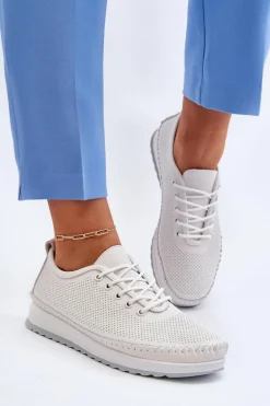 Skórzane Sportowe Buty Trampki Damskie Białe Lalnai