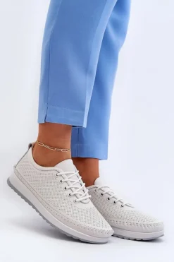 Skórzane Sportowe Buty Trampki Damskie Białe Lalnai