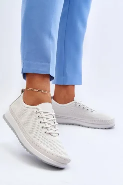 Skórzane Sportowe Buty Trampki Damskie Białe Lalnai