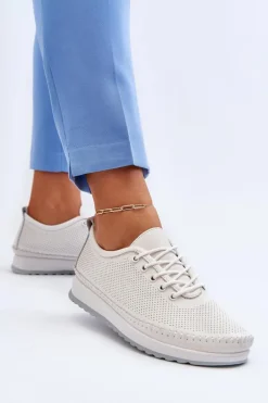 Skórzane Sportowe Buty Trampki Damskie Białe Lalnai