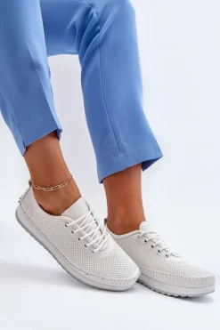 Skórzane Sportowe Buty Trampki Damskie Białe Lalnai
