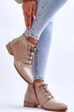 Skórzane Sznurowane Botki Maciejka 05953-04 Beżowe