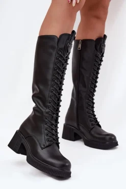 Skórzane Sznurowane Kozaki Na Klocku Ocieplane Vinceza 66804 Czarne