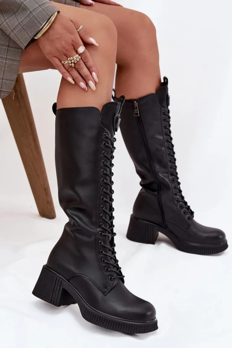 Skórzane Sznurowane Kozaki Na Klocku Ocieplane Vinceza 66804 Czarne