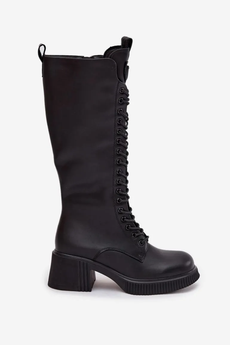Skórzane Sznurowane Kozaki Na Klocku Ocieplane Vinceza 66804 Czarne