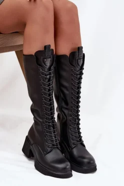 Skórzane Sznurowane Kozaki Na Klocku Ocieplane Vinceza 66804 Czarne