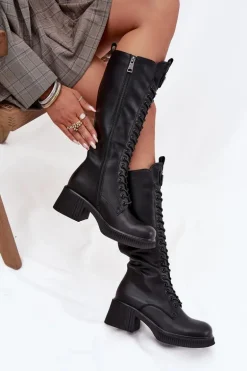 Skórzane Sznurowane Kozaki Na Klocku Ocieplane Vinceza 66804 Czarne