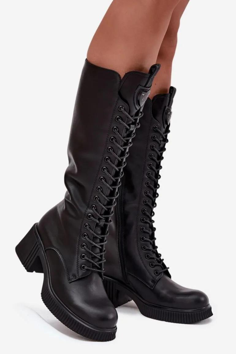 Skórzane Sznurowane Kozaki Na Klocku Ocieplane Vinceza 66804 Czarne