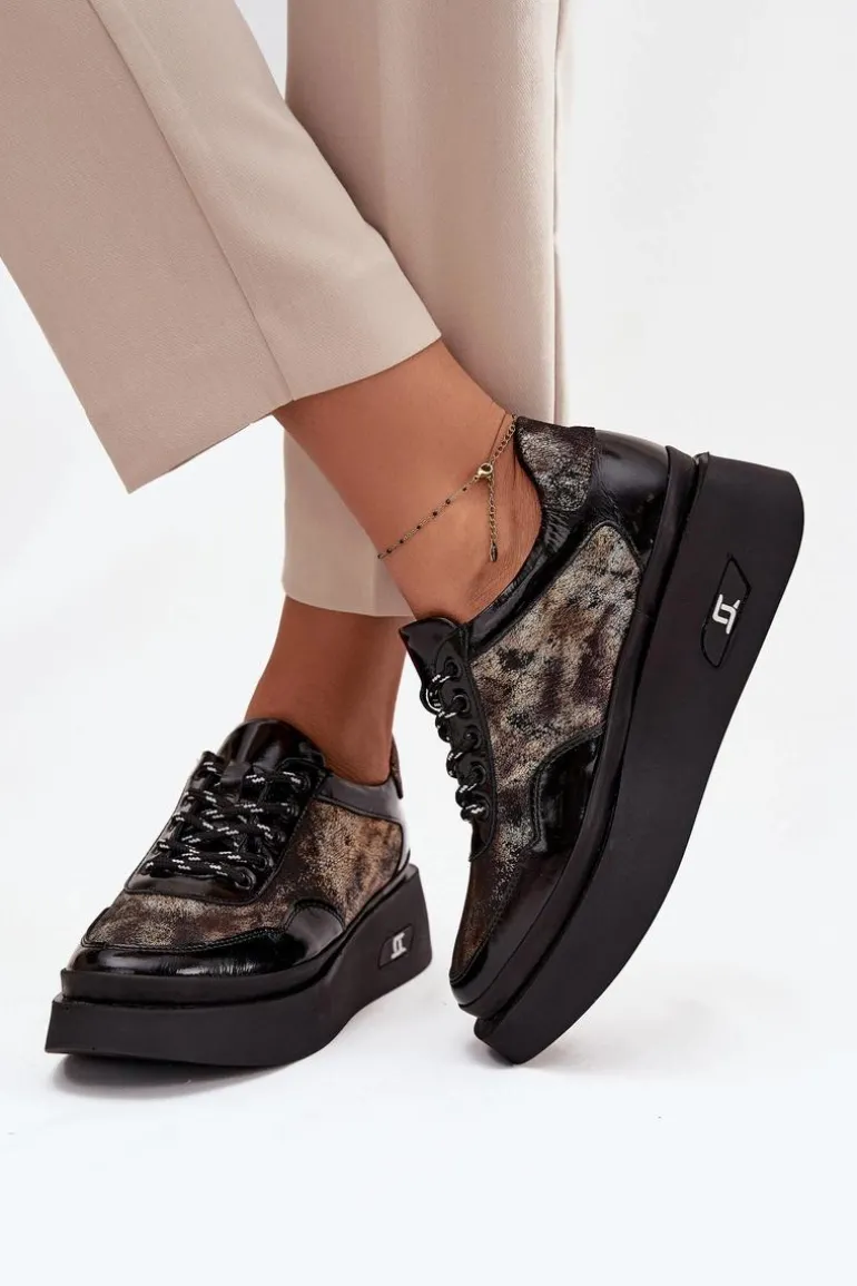 Skórzane Sznurowane Półbuty Damskie Na Platformie Artiker 57C2042 Czarno-Złote