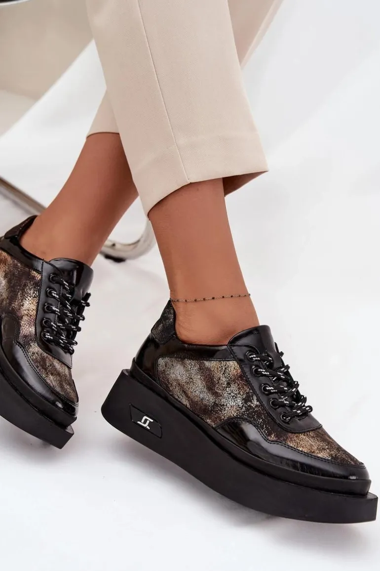 Skórzane Sznurowane Półbuty Damskie Na Platformie Artiker 57C2042 Czarno-Złote