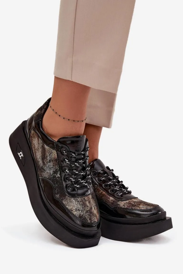Skórzane Sznurowane Półbuty Damskie Na Platformie Artiker 57C2042 Czarno-Złote