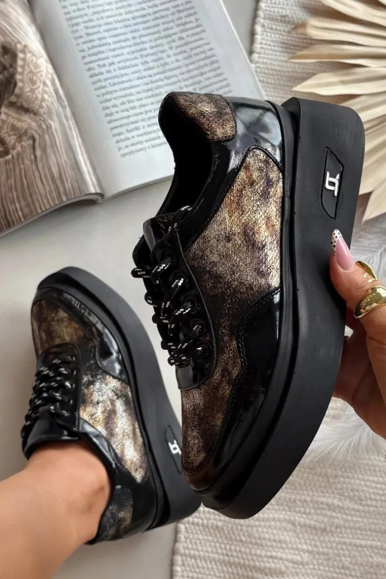 Skórzane Sznurowane Półbuty Damskie Na Platformie Artiker 57C2042 Czarno-Złote