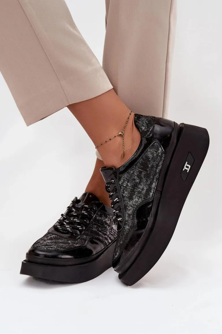 Skórzane Sznurowane Półbuty Damskie Na Platformie Artiker 57C2043 Czarno-Srebrne