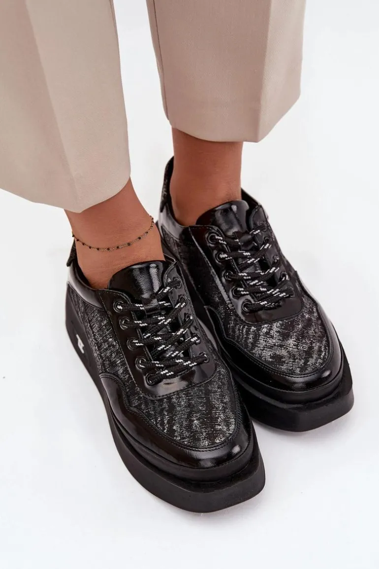 Skórzane Sznurowane Półbuty Damskie Na Platformie Artiker 57C2043 Czarno-Srebrne