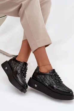 Skórzane Sznurowane Półbuty Damskie Na Platformie Artiker 57C2043 Czarno-Srebrne