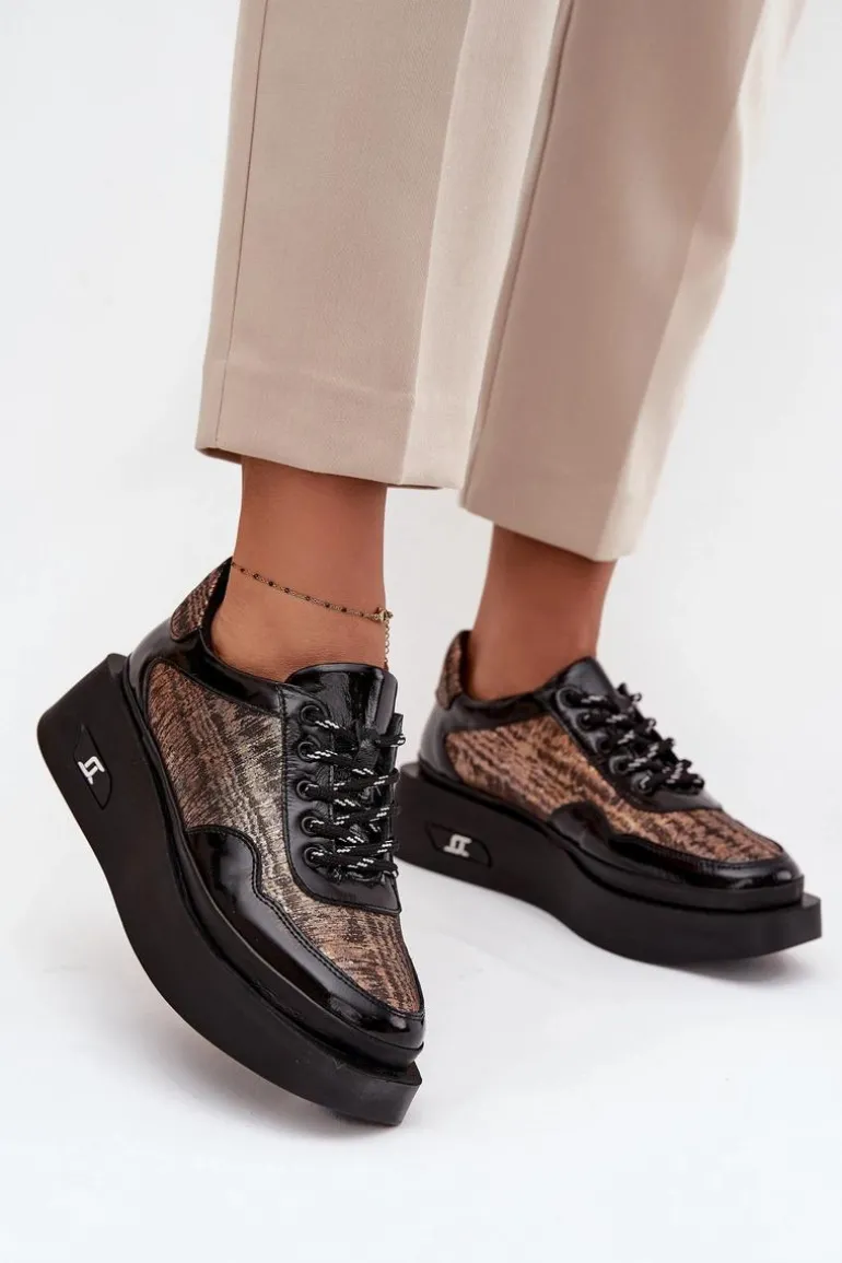 Skórzane Sznurowane Półbuty Damskie Na Platformie Artiker 57C2044 Czarne