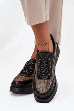 Skórzane Sznurowane Półbuty Damskie Na Platformie Artiker 57C2044 Czarne