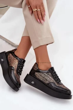 Skórzane Sznurowane Półbuty Damskie Na Platformie Artiker 57C2044 Czarne