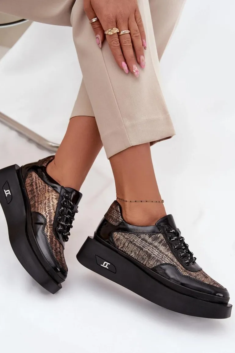 Skórzane Sznurowane Półbuty Damskie Na Platformie Artiker 57C2044 Czarne