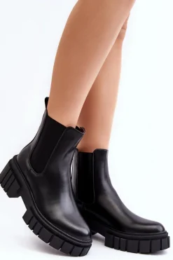 Skórzane Sztyblety Botki Na Masywnym Płaskim Obcasie Czarne Keva